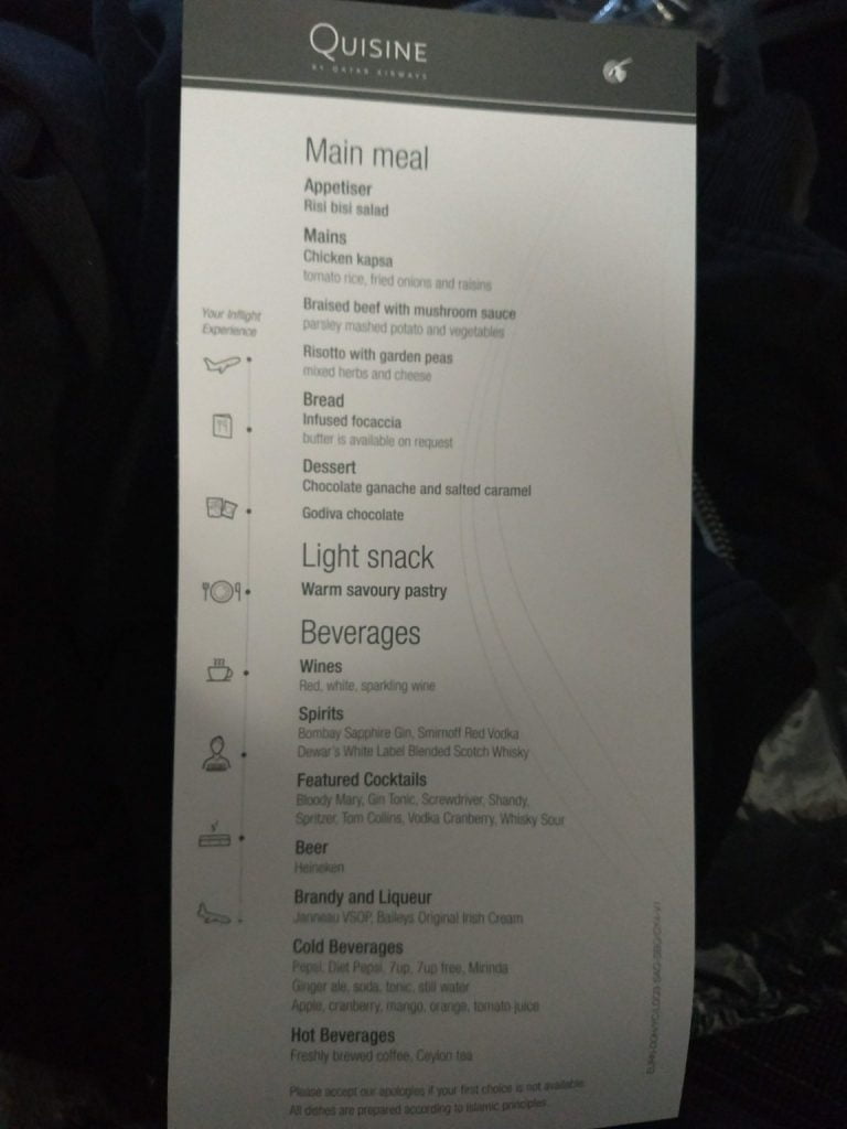 Menu Qatar Airways Economy Class